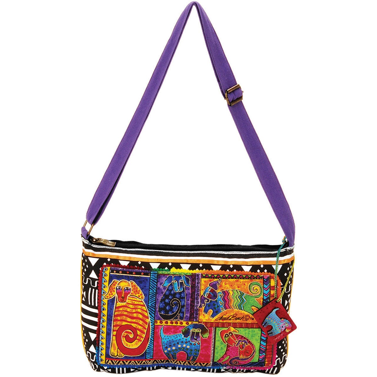 Laurel Burch Medium Crossbody Zipper Top 15"X10"-Dog Tails Patchwork